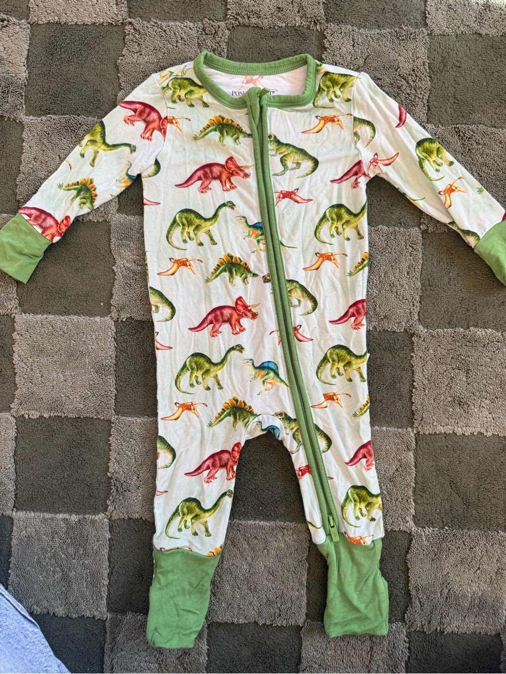 Posh Peanut White Footed One-Piece with Multicolor Dinosaur Print and Green Trim